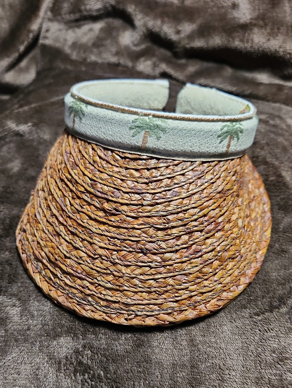 Scala Palm Print Straw Visor - Light Green Trim Womens